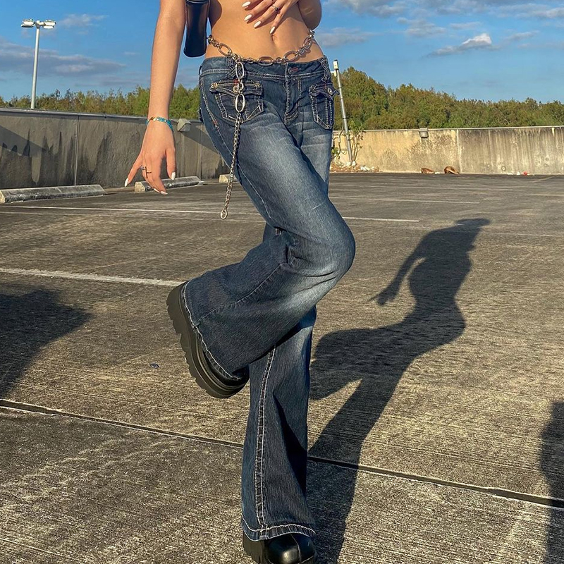  Style Harajuku Mom Denim Jeans Y2K Grunge Vintage Low Waisted Pockets Skinny Flare Pants 2000s Retro Cargo Trousers