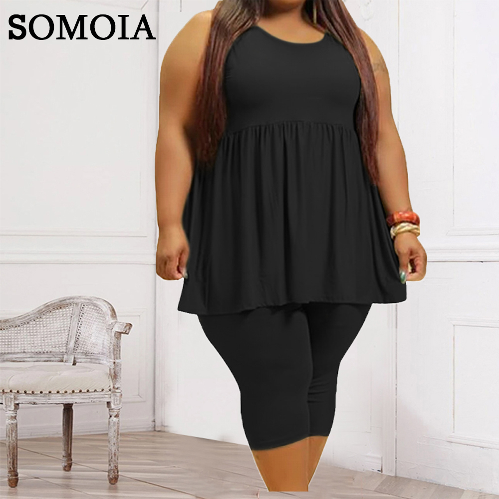 Summer Plus Size Two Piece Women's Clothing Sexy Sleeveless  Draped Solid Color Casual Loose Short Suit dropshipping