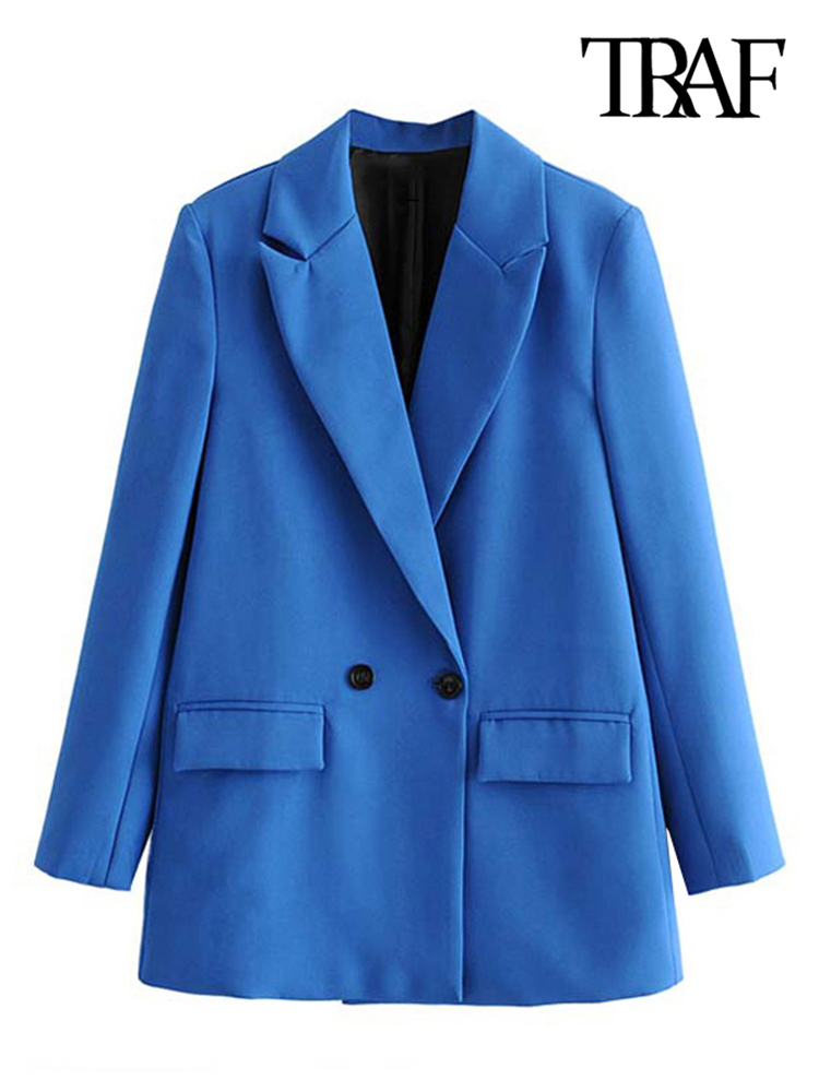 TRAF Women Chic Office Lady Double Breasted Blazer Vintage Coat  Notched Collar Long Sleeve Ladies Outerwear Stylish Tops