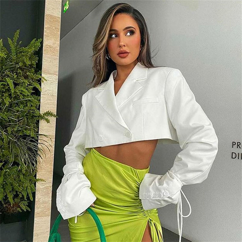 Yimunancy Women Blazer V Neck Long Sleeve Cropped Blazer  Autumn Chic Button  Lace Up Turn-down Collar Outwear