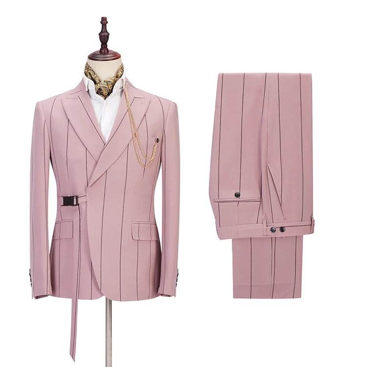  Costume Homme  Wide Stripe Wedding Men Suits With Belt Party Prom Slim Fit Tuxedo Groom Terno Masculino Blazer 2 Pcs