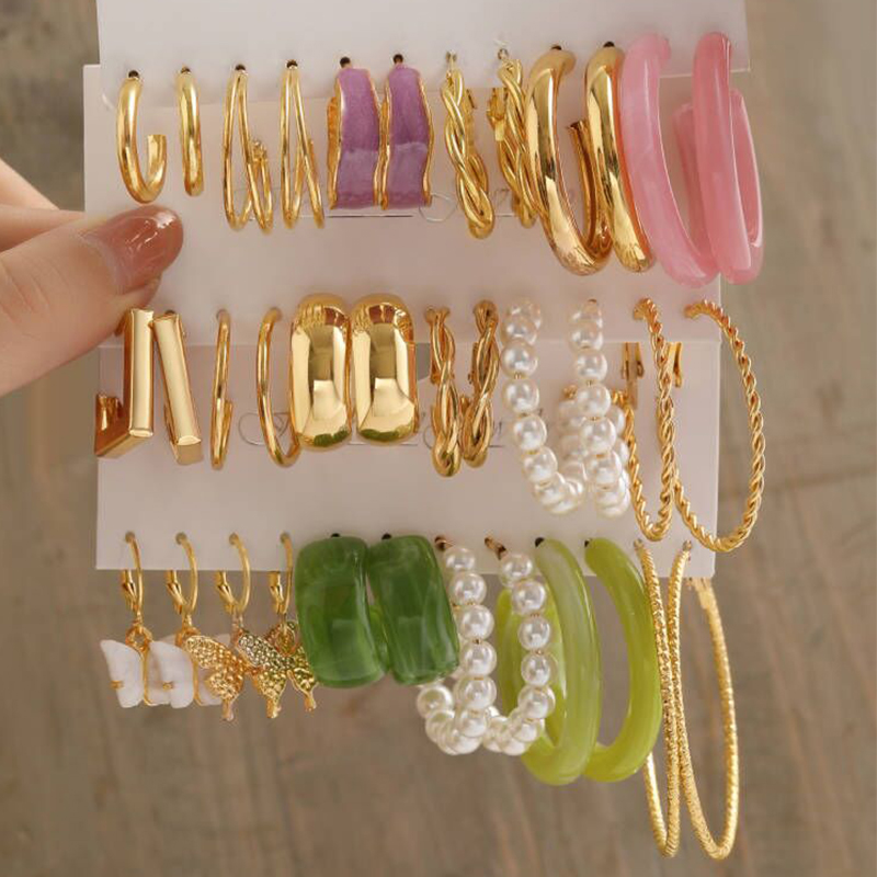 Trendy Colorful Earrings Set For Women Girls Green Resin Pearl Gold Color Metal Circle Dangle Earrings  