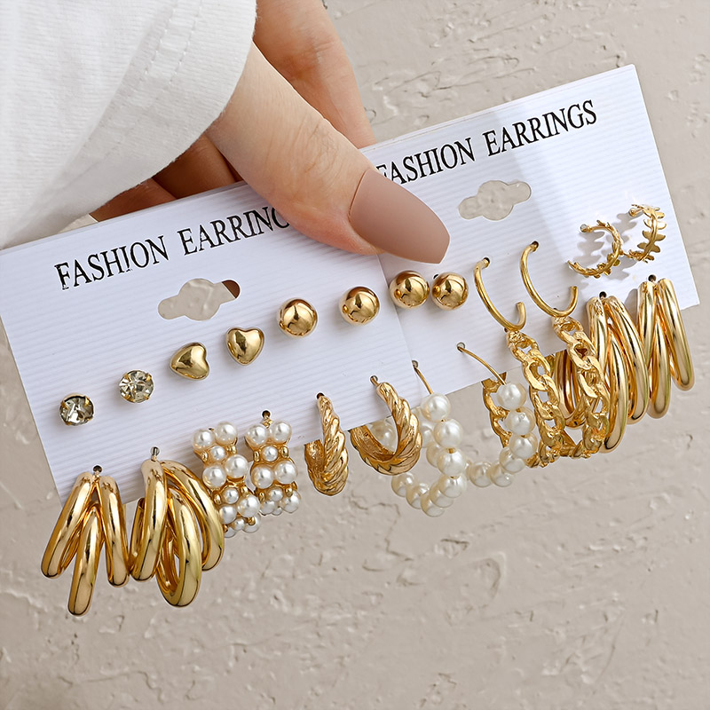 Vintage Gold Geometric Women's Earrings Set  Pearl Circle Hoop Earrings For Women Brincos  Trend Female Jewelry Gifts