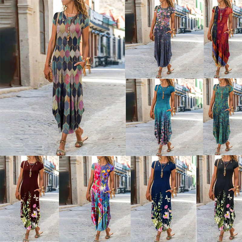 Summer Dress  Woman Plus Size Floral Print Short Sleeve Bohemian Long Dresses Casual Loose O-Neck Slim Sundress Vestidos