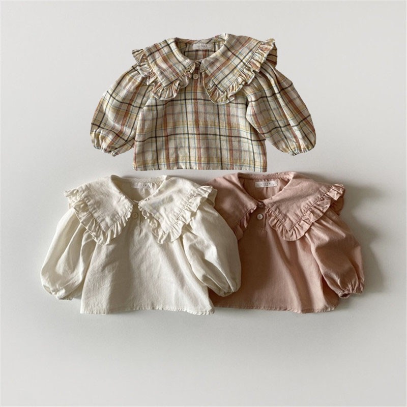  Spring Girls Large Lapel Shirts Children Long Sleeve Shirts Cute Sweet Loose Blouse Baby Girls Cotton Bottoming Tops