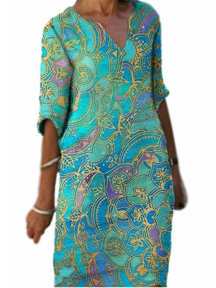 Women Dresses Summer  V Neck Floral Print A Line Dress Casual Party Vintage Retro Vestidos Robe