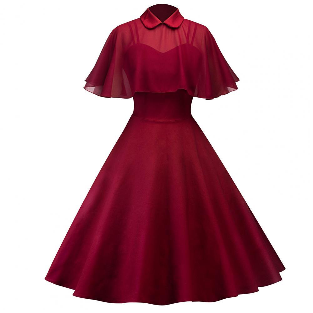 50%Women's Halloween Dress Solid Cape Sleeve Vintage Chiffon Gothic Doll Collar Party Elegant Sexy Costume Evening Dress