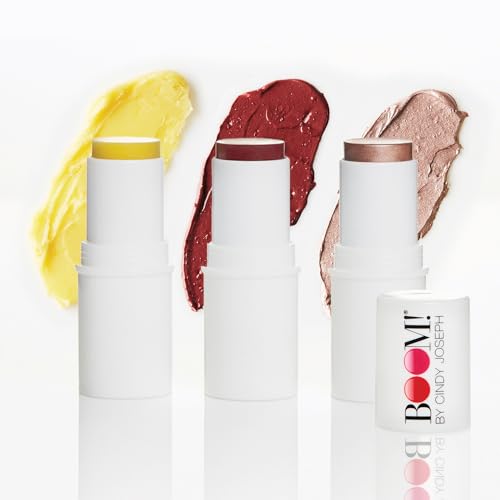 BOOM! by Cindy Joseph Boomstick Trio - 3 Pack Boom Makeup Sticks - Blush Stick in Berry, Highlighter Stick & Moisturizer Stick - Multi-Use Vegan Makeup Sticks for Older Women & Mature Skin