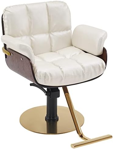 BarberPub Salon Chair Hydraulic Barber Chair Curved Wood Frame Hair Cutting Beauty Spa Salon Styling Equipment 3071 (Champagne White)
