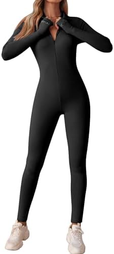 OEAK Womens Yoga Jumpsuit Ribbed Zip Tummy Control Long Sleeve Unitard Casual Romper High Waisted One Piece Workout Bodycon