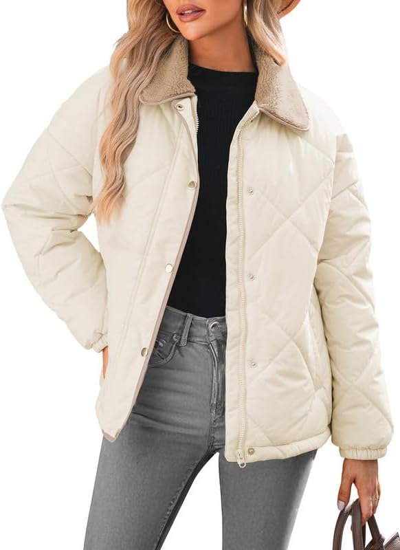 Dokotoo Women's Winter Casual Quilted Jackets Long Sleeve Button Down Puffer Jacket Padded Outerwear Coats