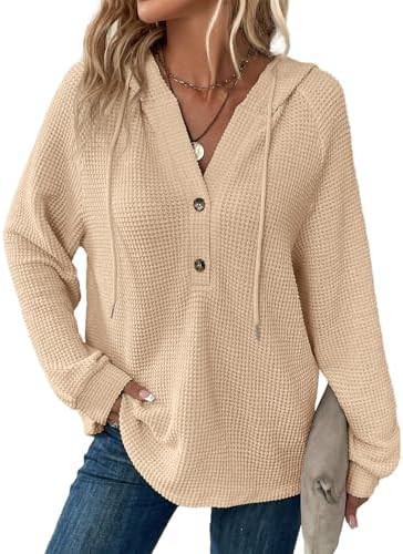Dokotoo Hoodies for Women Waffle Knit Long Sleeve Drawstring Button V Neck Casual Pullover Sweatshirt Hooded Tops