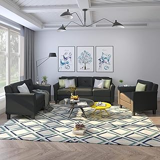Merax 3 Pieces Sectional Sofa Set, Modern Style Button Tufted Upholstered Living Room Furniture, Black
